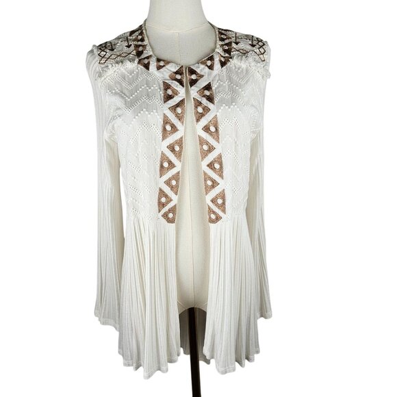 Soft Surroundings Injali Topper Open Cardigan Large White Tan Boho Chic Western - Picture 2 of 9